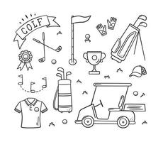 Golf equipment and golfers in doodle style. Club, bag and golf cart. Hand drawn vector illustration