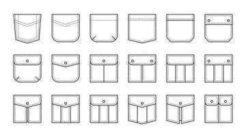 Set of patch pocket icons for pants and other clothing. Isolated line vector illustration
