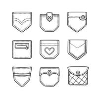 Set of and drawn patch pockets for denim pants and other clothing. Isolated doodle vector illustration