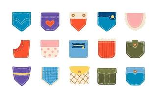 Color patch pockets for pants, t-shirts and other clothing. Isolated cartoon vector illustration