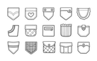 Doodle patch pockets for pants, t-shirts and other clothing. Isolated cartoon vector illustration
