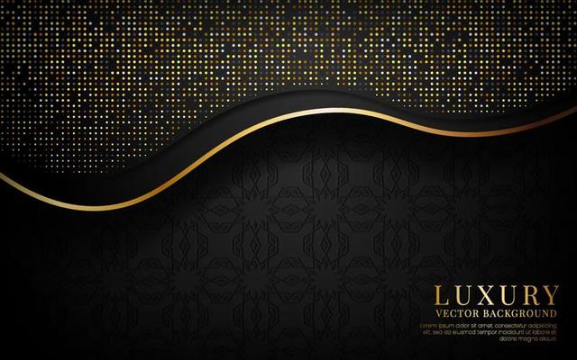 3D black luxury abstract background, overlap layer on dark space with glitter golden dots effect decoration. Modern template element future style for flyer, banner, cover, brochure, or landing page