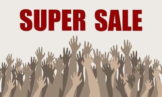 Sale banner. Silhouettes hands of people with different skin colors eagerly reach for discounts. Vector illustration in flat style.