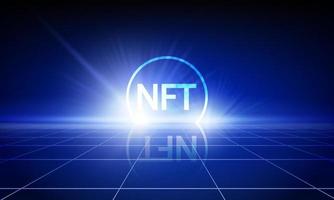 Concept banner NFT non fungible tokens on dark blue background. Retro style grid with glow rising above the plane of the grid. Vector illustration.