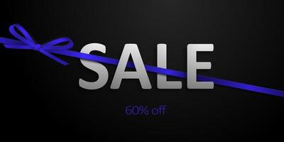 Sale banner with a stretched blue ribbon and a beautiful realistic bow on a black background. Vector illustration