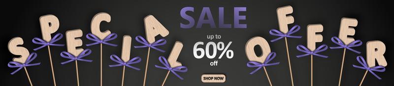 Sale Special offer. Wooden letters on sticks with beautiful purple bows on a black background. Decorative ornaments. Vector illustration