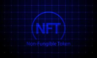 Concept banner NFT non fungible tokens on dark blue background with neon grid. Vector illustration.