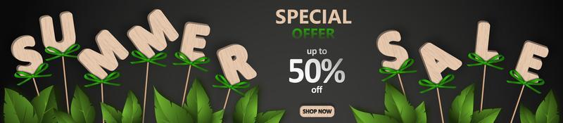 Summer sale Special offer. Wooden letters on sticks with beautiful green bows on a black background. Decorative ornaments. Vector illustration.