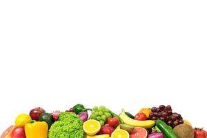 Food background, fruit and vegetable background with copy space for text, fresh food ingredients for cooking, top view with copy space, food advertising banner photo