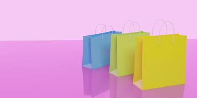 3d render. Blue, green and yellow paper shopping bags on a pink background. Top view, close-up. Reflection.