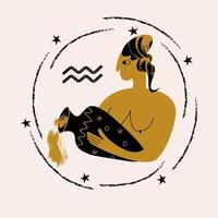 Horoscope and astrology. The zodiac sign Aquarius. Black and gold. Vector illustration in a flat style.