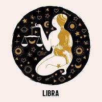 Libra. A nude woman is holding a scales. Vector illustration.