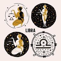 Libra. constelación de libra. un conjunto de emblemas redondos vectoriales. vector