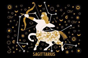 Sagitario. signo del zodiaco. centauro lanza un arco entre las estrellas. ilustración vectorial sobre fondo negro.
