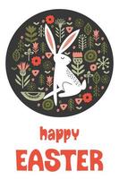 happy Easter. White hare in a circular floral pattern. Vector illustration on a dark background. Greeting card.