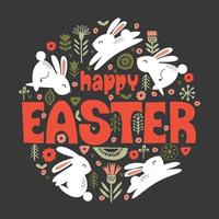 happy Easter. Funny white rabbits in a circular floral pattern. Vector illustration on a dark background.