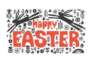 happy Easter. Black and white greeting card. Folk style. vector