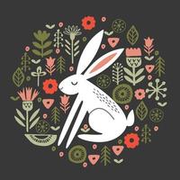 Funny white hares in a circular floral pattern. Vector illustration on a dark background.