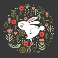 Funny white rabbit in a circular floral pattern. Vector illustration on a dark background.