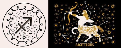 Sagittarius. Zodiac sign. Centaur shoots a bow among the stars. Vector illustration on black background.