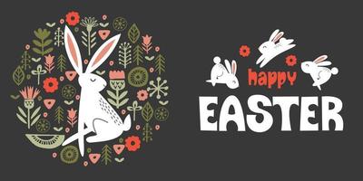 happy Easter. Cute white rabbits and a hare in a circular pattern of spring flowers. On dark background. Vector illustration.