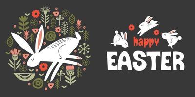 happy Easter. Greeting card, vector illustration on a dark background. White rabbits among the spring flowers.