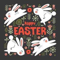 happy Easter. Greeting card, vector illustration. White rabbits and spring flowers.