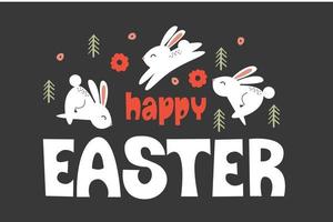 happy Easter. Greeting card, vector illustration on a dark background. White rabbits jump among the Christmas trees.