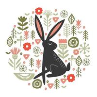 Funny black hares in a circular floral pattern. Vector illustration on a white background.