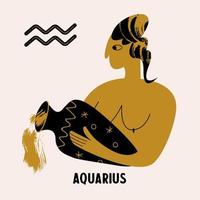 Horoscope and astrology. The zodiac sign Aquarius. Black and gold. Vector illustration in a flat style.