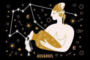 Horoscope and astrology. The zodiac sign Aquarius. Black and gold. Vector illustration in a flat style.