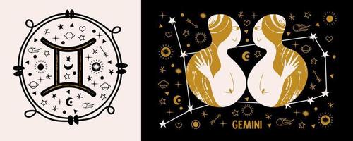 Gemini. Zodiac sign. Two girls are twins. Constellation of Gemini. Vector illustration in a flat style.