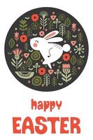 Felices Pascuas. tarjeta de felicitación, ilustración vectorial. conejo blanco en un patrón circular de flores primaverales. vector