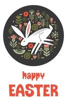 happy Easter. Greeting card, vector illustration. White rabbit in a circular pattern of spring flowers.