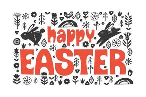 happy Easter. Black and white greeting card. Folk style. vector