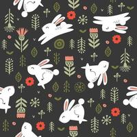 Seamless pattern on a dark background. Cute white rabbits among flowers. Vector illustration
