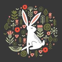 Funny white hares in a circular floral pattern. Vector illustration on a dark background.