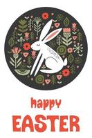 Felices Pascuas. tarjeta de felicitación, ilustración vectorial. conejo blanco en un patrón circular de flores primaverales. vector