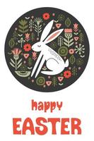 happy Easter. Greeting card, vector illustration. White rabbit in a circular pattern of spring flowers.