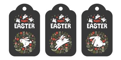 A set of three tags. happy Easter. Cute rabbits in a circular pattern of spring flowers. Vector illustration.