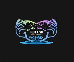 vector logo of two jumping fish, and water splash, abstract design with bright color gradient,