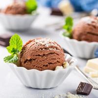 Chocolate ice cream in white bowl. photo