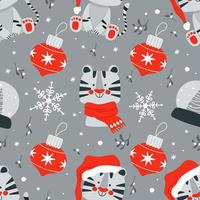 Christmas seamless pattern with cute white tiger, symbol of 2022 year and other Christmas element. Vector illustration in hand drawn scandinavian childish style