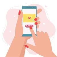 Send love email notification on mobile phone. Hand hold smartphone with love envelope. Flat vector illustration