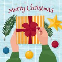 Hands holding and opening a gift box. Cute Vector illustration in cartoon flat style. Greeting card, banner or poster for Merry Christmas
