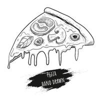 Slice of pizza, vector illustration in engraved hand drawn style. Sketch pizza, isolated on white background