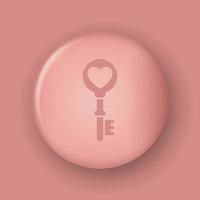 3d realistic pin round button in pink pastel colors with love key image. Vector isolated illustration, Valentines icon