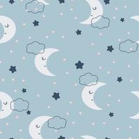 Cute nursery seamless pattern. Moon with stars and clouds on a blue background. Vector simple childish hand-drawn background in cartoon style.