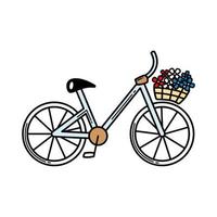 bicicleta de dibujos animados con cesta de flores. Vehículo delineado en negro aislado sobre fondo blanco. elemento decorativo. vector