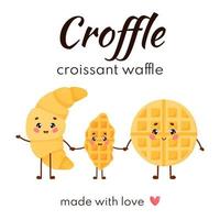 Croffle family concept. Print of croissant, waffle and croffle holding hands with text. Flat vector isolated on white background.